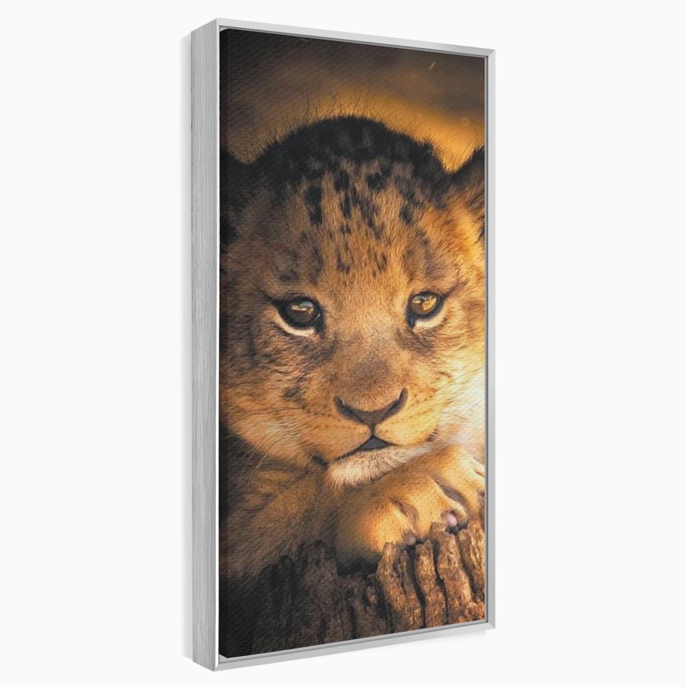 Tablou canvas cu tablou canvas cu portret de pui de leu, in rama de aluminiu argintiu
